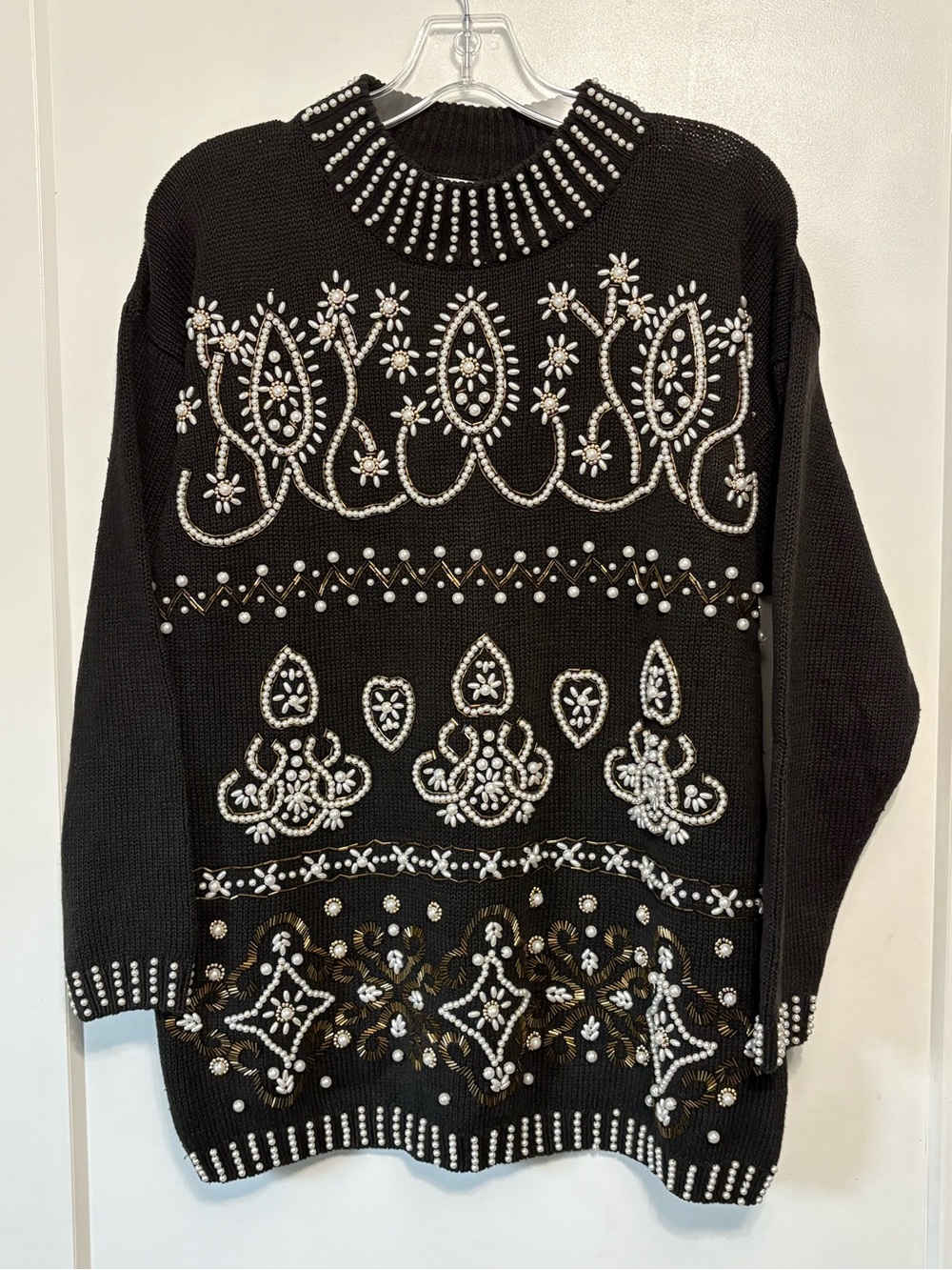 Vintage Margules Black Beaded Pearl Sweater Mock Neck Chunky Oversized Large